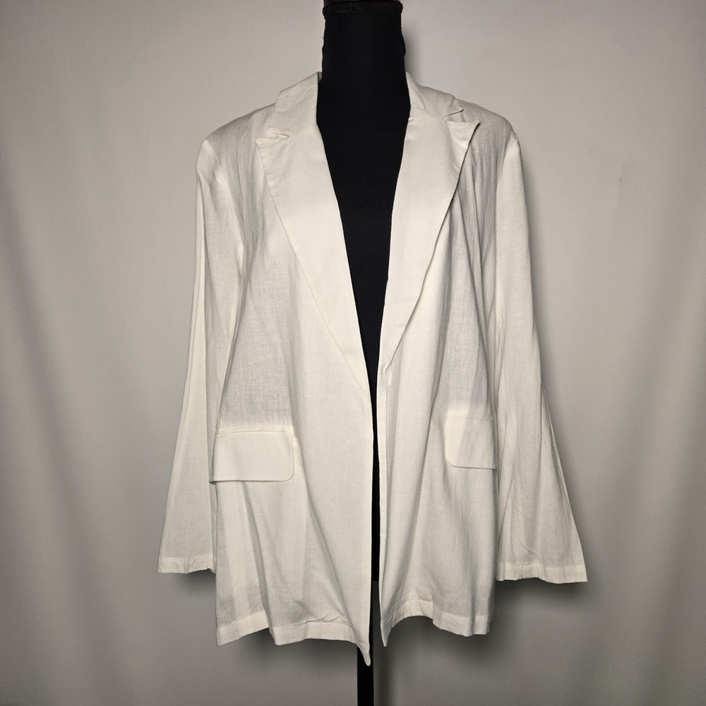 Mystree Linen Blend Blazer White Open Front Light Jacket Large Office Travel NWT
